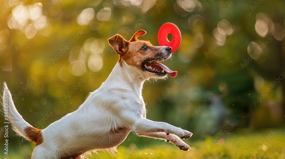 Photograph of a playful dog catching a Frisbee in mid-air, its tongue hanging out. Photograph of a playful dog catching a Frisbee in mid-air, its tongue hanging out.