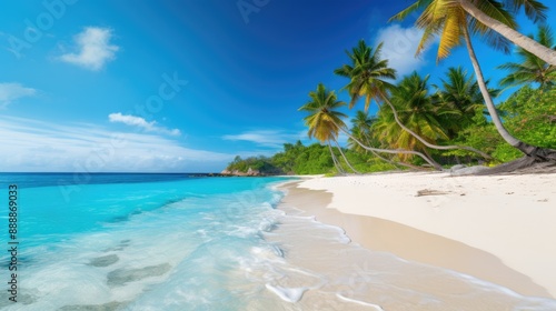Wallpaper Mural Photograph of a secluded tropical beach with white sand, turquoise water, and palm trees swaying in the breeze Torontodigital.ca