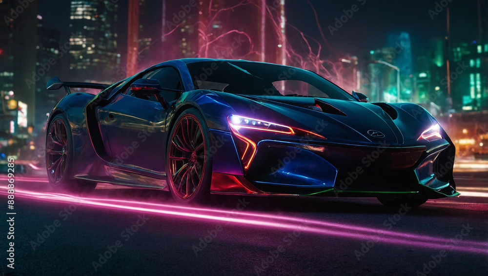 a sports car with purple lights on the hood. a sports car with purple lights on the hood.