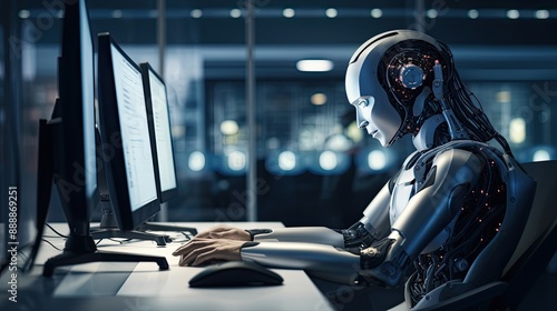 Photograph of a sleek, humanoid robot sitting at a desk in a modern office, engrossed in work on a large computer screen.