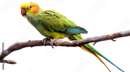 Photograph of a vibrant parakeet perched on a branch, with a transparent background.