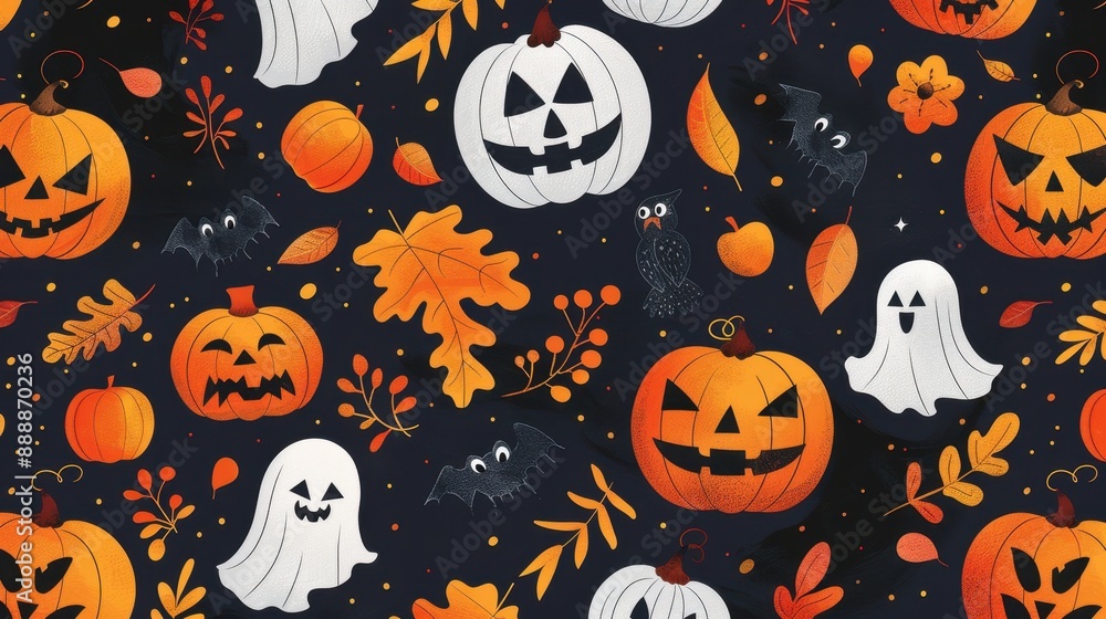 Halloween Pattern with Pumpkins, Ghosts, and Bats Halloween Pattern with Pumpkins, Ghosts, and Bats