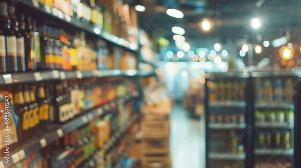 A blurred view of a supermarket aisle filled with various products on shelves, showcasing a busy retail environment, with diverse groceries and goods for sale under fluorescent lighting A blurred view of a supermarket aisle filled with various products on shelves, showcasing a busy retail environment, with diverse groceries and goods for sale under fluorescent lighting