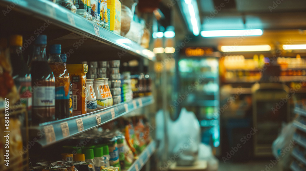 A blurred view of a supermarket aisle filled with various products on shelves, showcasing a busy retail environment, with diverse groceries and goods for sale under fluorescent lighting A blurred view of a supermarket aisle filled with various products on shelves, showcasing a busy retail environment, with diverse groceries and goods for sale under fluorescent lighting