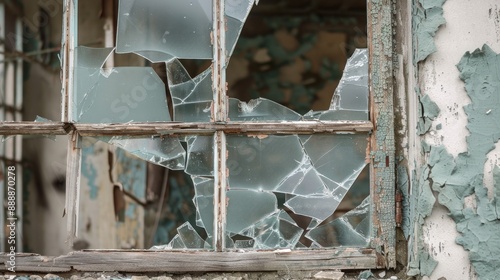 Damaged window secured with panels photo