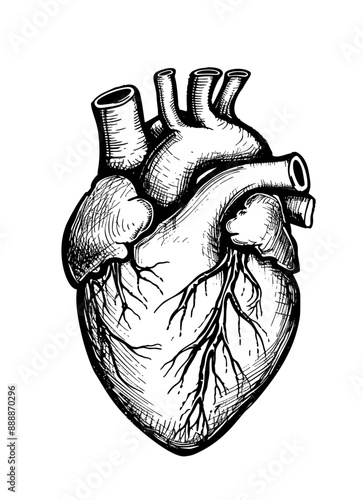 A detailed hand-drawn illustration of a human heart in black and white.