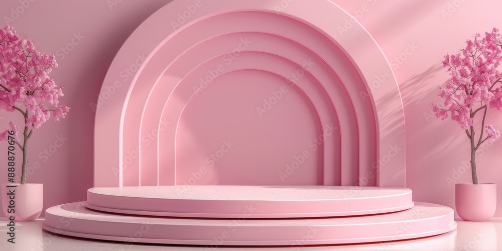 Product Podium - Pink & White Podiums, Pink Background. 3D Illustration, Generative AI Product Podium - Pink & White Podiums, Pink Background. 3D Illustration, Generative AI