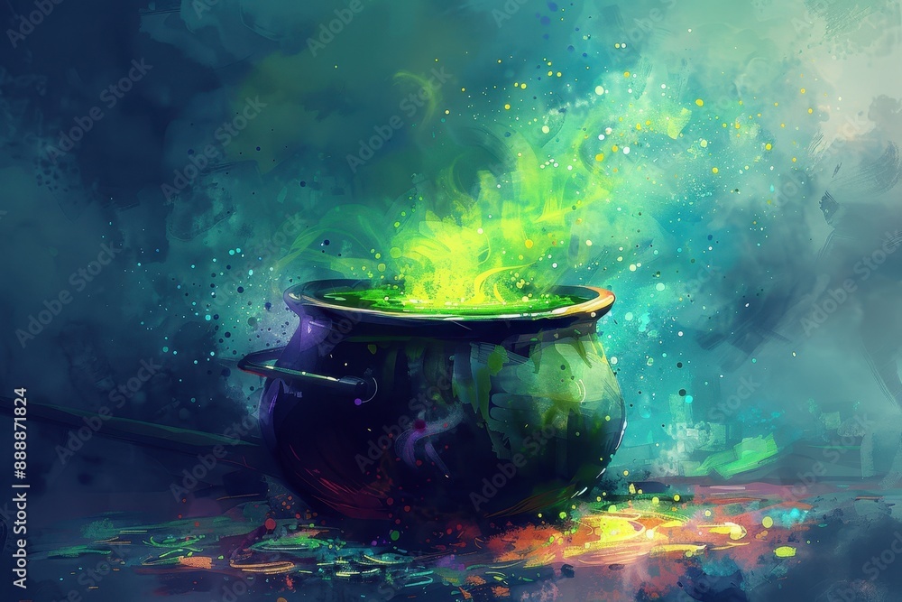Magical Potion in a Cauldron with Smoke and Sparkle Magical Potion in a Cauldron with Smoke and Sparkle