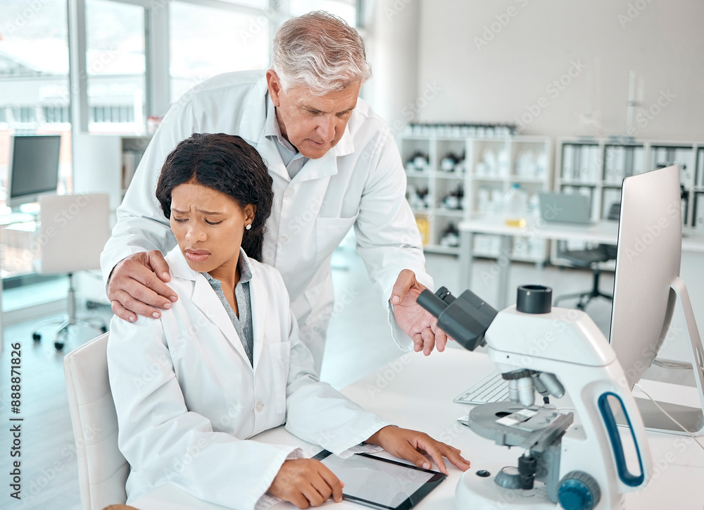Obraz premium Microscope, science and sexual harassment in laboratory with doctor helping intern for research study. Collaboration, experiment or investigation with man and woman in clinic for medical innovation