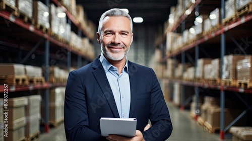 Portrait of a male businessman Middle-aged man holding a clipboard in a warehouse. on white background png.