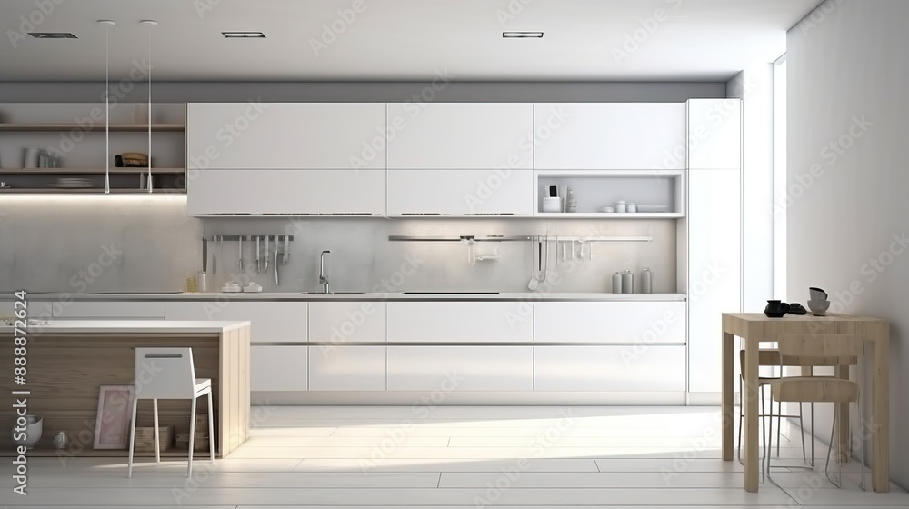 Interior design of a white kitchen in a minimalist style, light background. AI generated. Interior design of a white kitchen in a minimalist style, light background. AI generated.