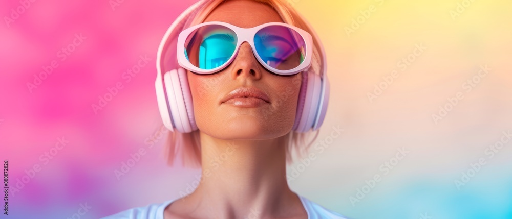 A woman wears pink headphones, one on each ear, with headphones around her neck A woman wears pink headphones, one on each ear, with headphones around her neck