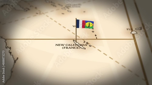 New Caledonia flag showing on world map with 3D rendering