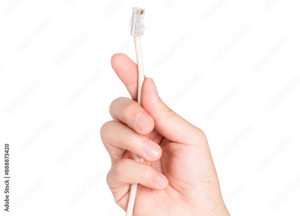 closeup hand holding electrical plug and Lan cable