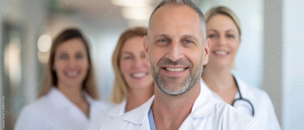 A group of doctors stand before a white wall, flanking a smiling man in the center A group of doctors stand before a white wall, flanking a smiling man in the center