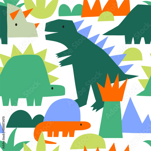 Cute dinosaur in cartoon style. Bold, simple form, trendy colors. Childish flat vector illustration. Dino seamless pattern
