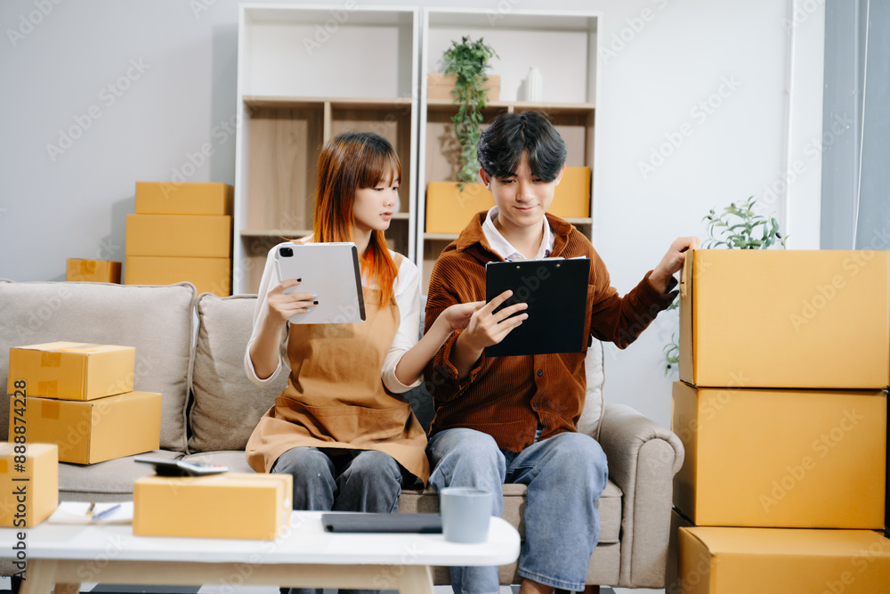 Starting small businesses SME owners, two check online orders Selling products working with boxs freelance work at home office Starting small businesses SME owners, two check online orders Selling products working with boxs freelance work at home office
