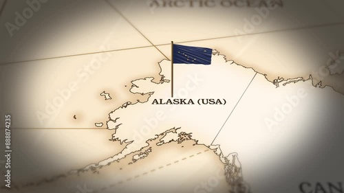 Alaska flag showing on world map with 3D rendering photo