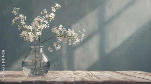 Small white flowers in a clear glass vase on a wooden table for interior decor