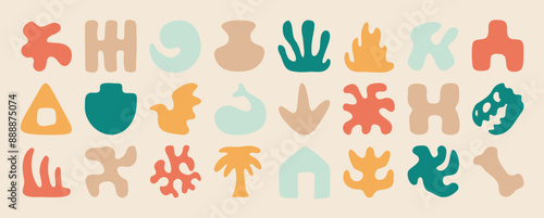 Set of abstract organic shapes element vector. Plants, coconut tree, leaf, algae, vase in paper cut collage. Contemporary aesthetic vector element for logo, decoration, print, cover, wallpaper.