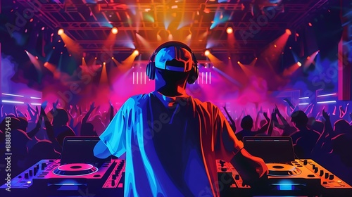 A DJ performing at a festival, surrounded by a colorful, minimalist crowd and light show.