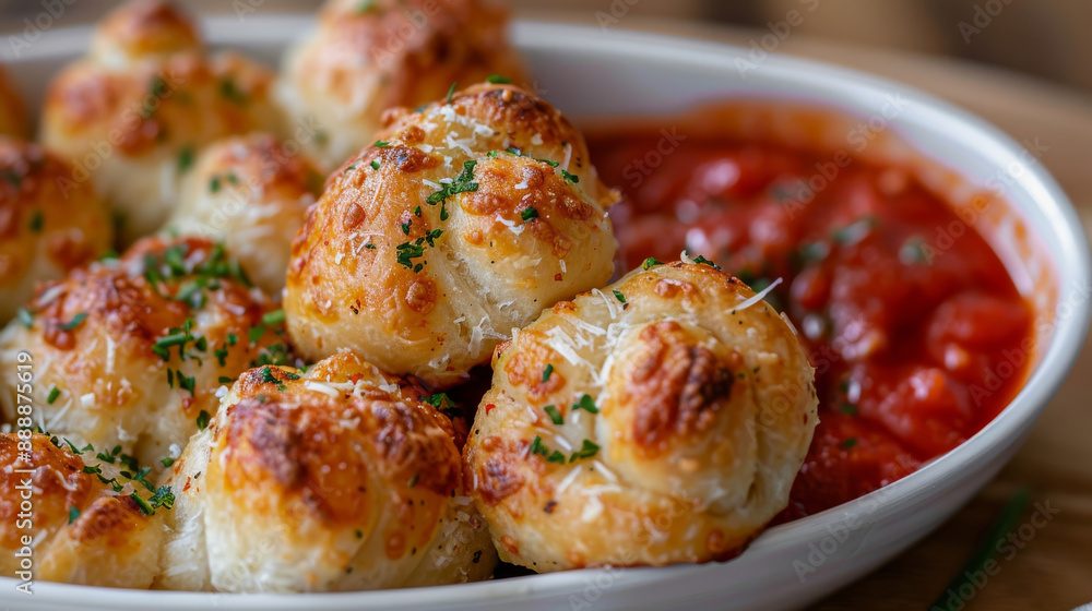 Soft, fluffy garlic knots dipped in a tangy tomato marinara sauce. Soft, fluffy garlic knots dipped in a tangy tomato marinara sauce.