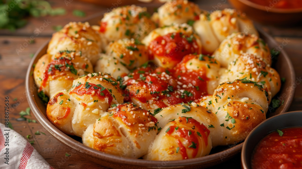 Soft, fluffy garlic knots dipped in a tangy tomato marinara sauce. Soft, fluffy garlic knots dipped in a tangy tomato marinara sauce.
