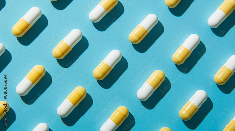 A clean and modern pattern showcasing yellow and white capsules arranged neatly on a light blue background. themes related to healthcare, medicine, pharmaceuticals, and wellness A clean and modern pattern showcasing yellow and white capsules arranged neatly on a light blue background. themes related to healthcare, medicine, pharmaceuticals, and wellness