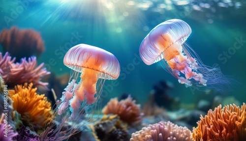 Phyllorhiza Jellyfish Amid Vibrant Coral" "Ocean Ballet: Playful Phyllorhiza Jellyfish and Colorful Reef" "Underwater Symphony: Leaping Phyllorhiza Jellyfish and Coral Haven"