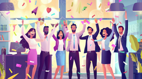 Smiling and diverse Indian managerial team celebrating their achievements in a modern office