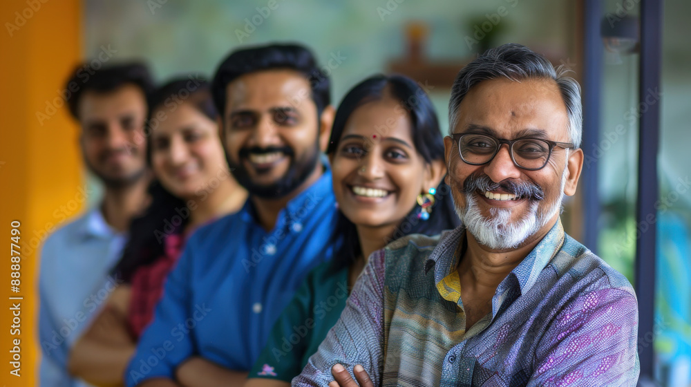 Fototapeta premium Smiling multicultural team of Indian managers enjoying a team-building activity in a contemporary workplace