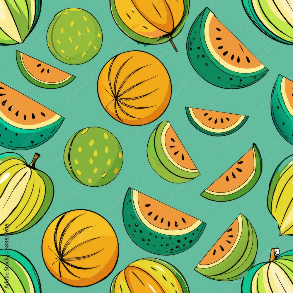 Seamless pattern of assorted melons and melon slices, Generative AI Seamless pattern of assorted melons and melon slices, Generative AI