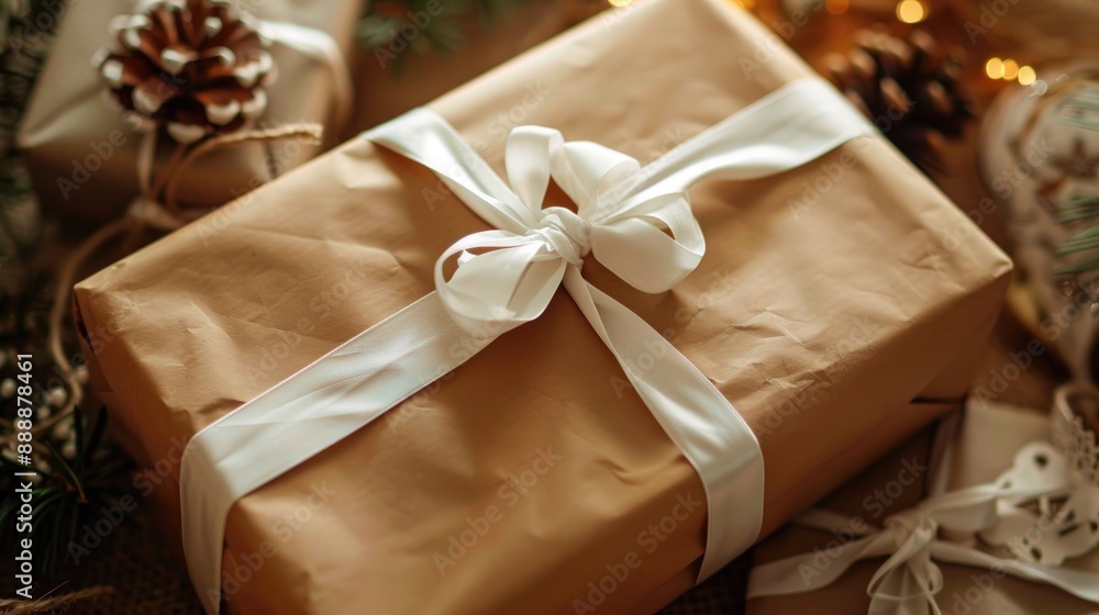 Christmas gift wrapped with white ribbon and presented on handmade paper Christmas gift wrapped with white ribbon and presented on handmade paper