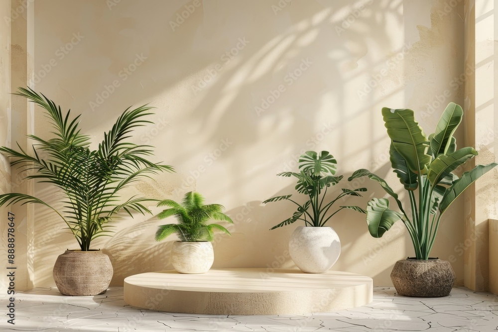 Product Podium - Beige Stone Podium, Beige Background. 3D Illustration, Generative AI Product Podium - Beige Stone Podium, Beige Background. 3D Illustration, Generative AI
