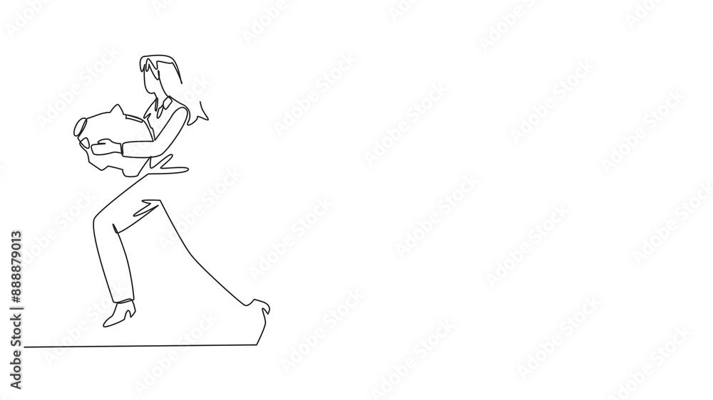 Self drawing animation of single one line drawing businesswoman running while carrying a piggy bank with coins scattered around. Moving assets. Trying the best not to lose it. Full length animated Self drawing animation of single one line drawing businesswoman running while carrying a piggy bank with coins scattered around. Moving assets. Trying the best not to lose it. Full length animated