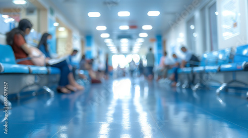 A blurred background showing the interior of a modern hospital with an empty long corridor. The waiting room for patients and families is between the corridor, with bright white lights