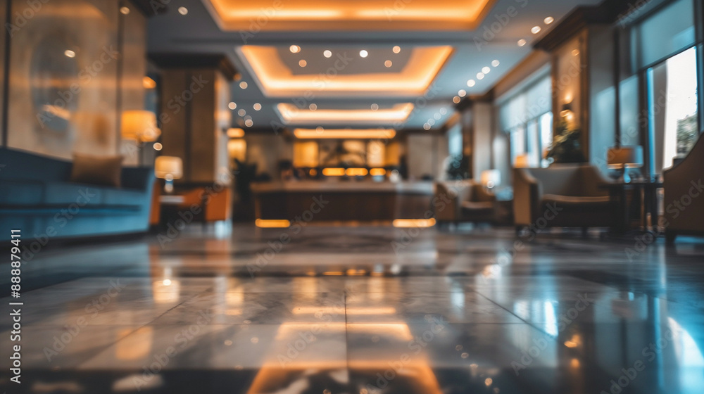 A blurry photo of a hotel lobby with couches and a check-in counter A blurry photo of a hotel lobby with couches and a check-in counter