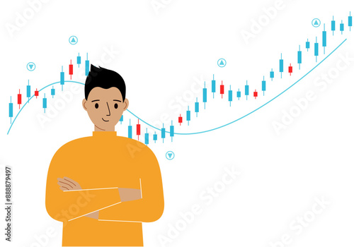 A man on the background of a Forex chart. Conceptual illustration on the topic of strategic planning in trading on the stock exchange. Vector flat illustration