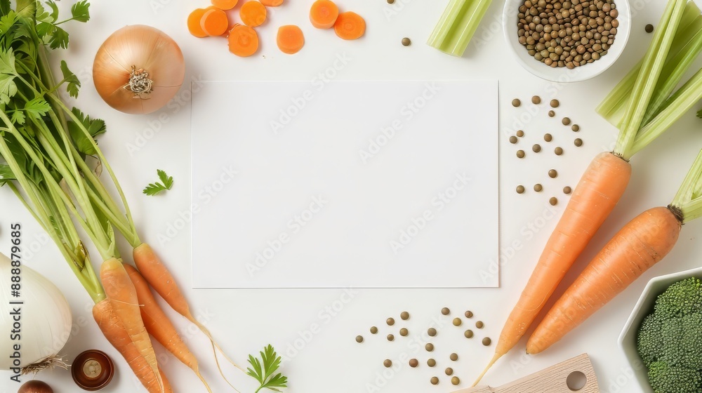 Empty white card with lentils, carrots, celery, onion, vegetable broth Empty white card with lentils, carrots, celery, onion, vegetable broth