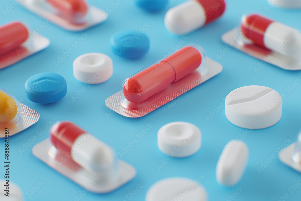 A vibrant image featuring various pills, tablets, and capsules in red, white, and blue on a light blue background. The arrangement highlights different types of medicines A vibrant image featuring various pills, tablets, and capsules in red, white, and blue on a light blue background. The arrangement highlights different types of medicines