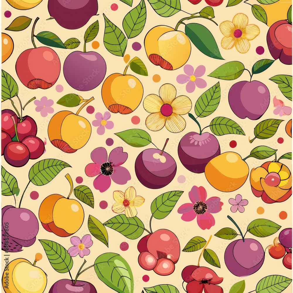 Seamless pattern of colorful plums and plum blossoms, Generative AI Seamless pattern of colorful plums and plum blossoms, Generative AI