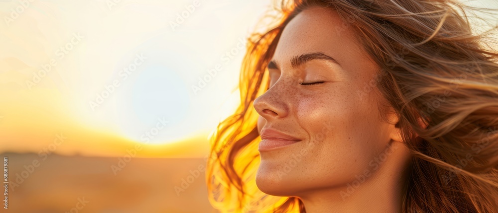 A woman's face, eyes closed, surrounded by cascading hair swaying in the wind Sunlight bathes the scene from behind A woman's face, eyes closed, surrounded by cascading hair swaying in the wind Sunlight bathes the scene from behind