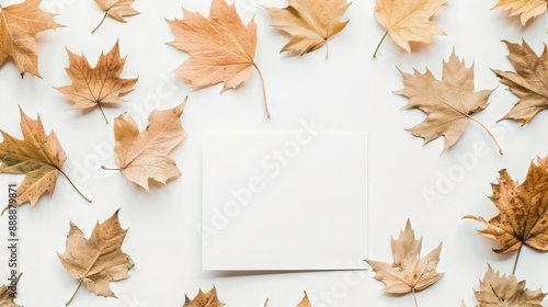 Empty white card with fallen leaves