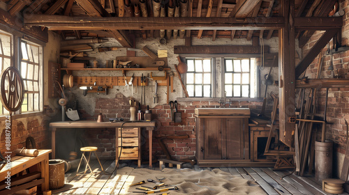 The carpentry workshop in an old brick building is filled with old hand and power tools, which are beautifully arranged on solid wooden shelves. © Sawyer0