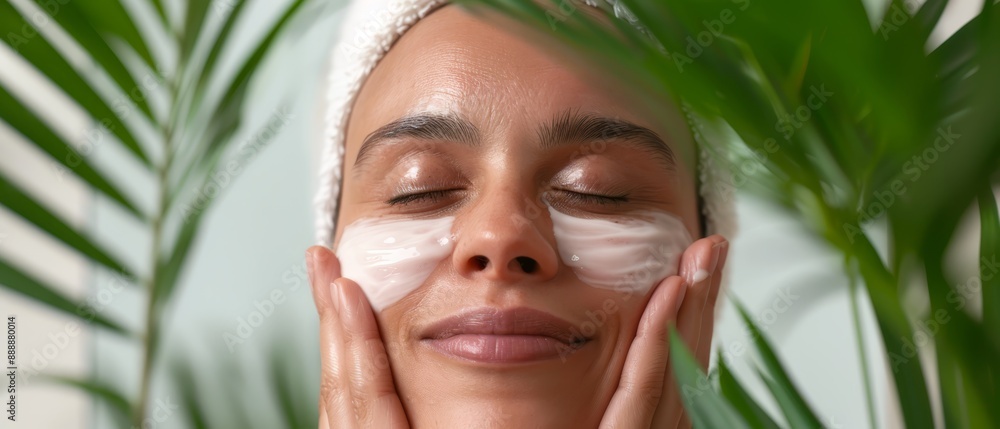 A woman holds a towel on her head, while she touches her cheek with lotion A woman holds a towel on her head, while she touches her cheek with lotion