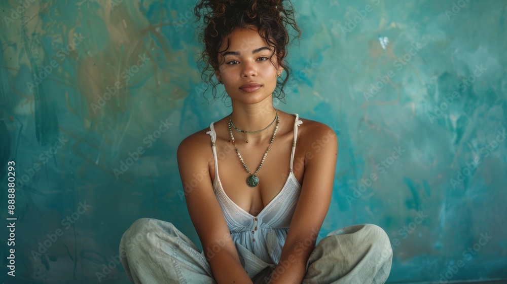 A serene woman, seated with crossed legs A serene woman, seated with crossed legs