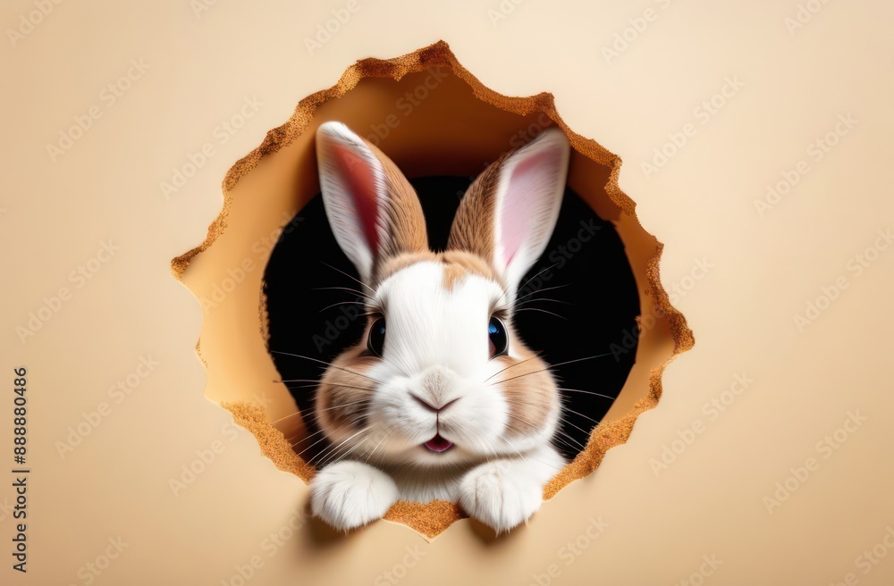 Obraz premium A cute cartoon bunny with big blue eyes and friendly smile peeking through a hole in the wall. The neutral background and the detailed illustration.