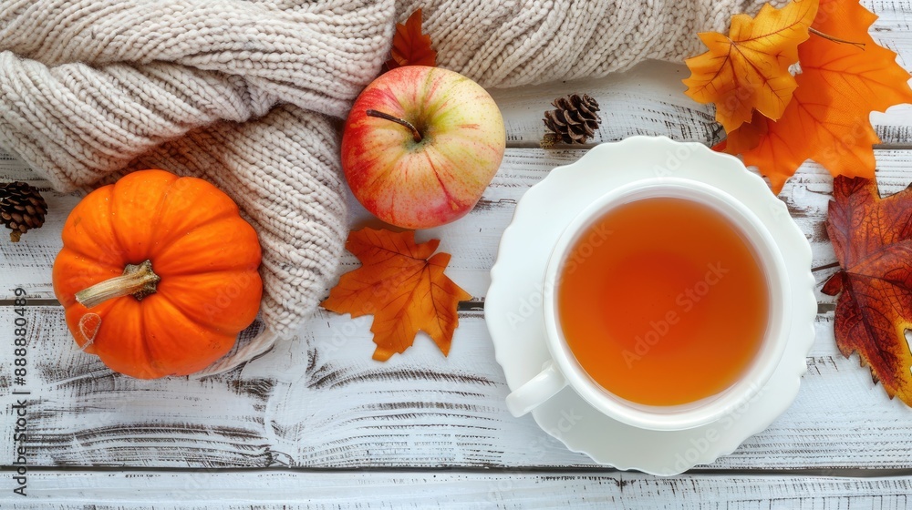 Fall themed decor tea pumpkin apple and tree with scarf on white wood Fall themed decor tea pumpkin apple and tree with scarf on white wood