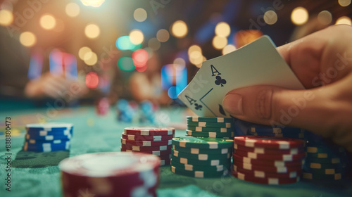 Poker player focused on the game at a green casino table, surrounded by cards and chips. There is an atmosphere of excitement and competition around. photo