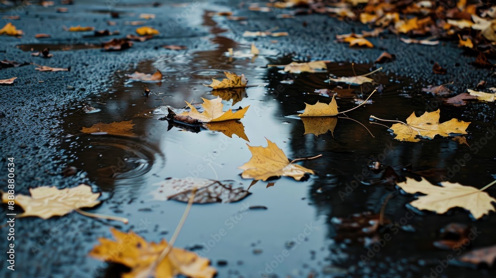 Fallen yellow leaves on puddle in fall Fallen yellow leaves on puddle in fall